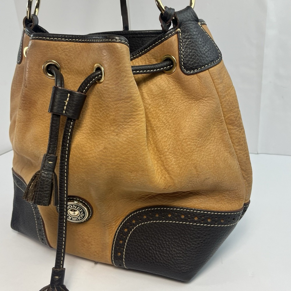 Dooney Bourke Brown Suede Black Leather Drawstring Bucket Bag - Picture 3 of 10